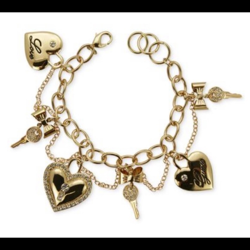 GUESS Crystal & Gold Tone Key To My Heart Charm Bracelet